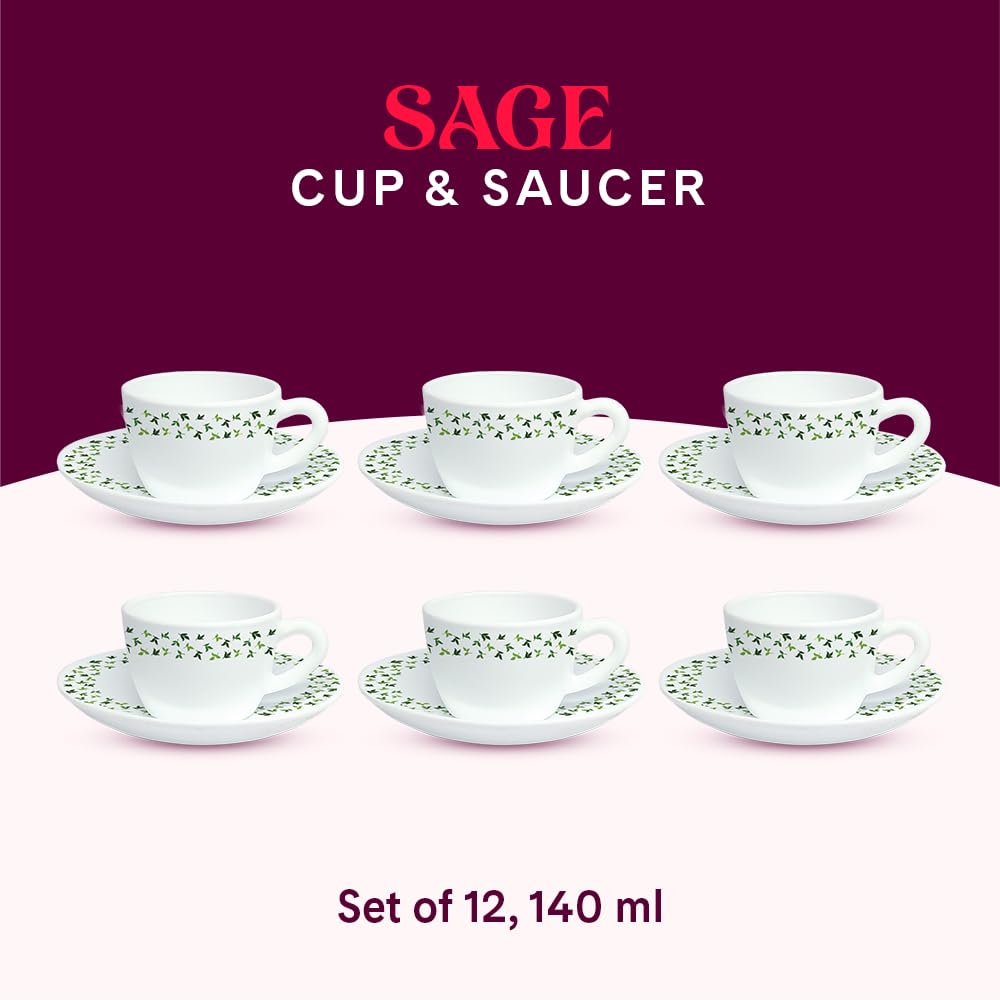 Larah by Borosil Silk Series Sage Opalware Cup and Saucer Set of 12 Pcs | Tea/coffee Cups | 140 Ml