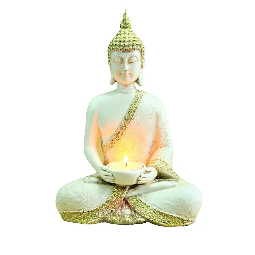 Jaipur Ace Buddha Sitting With Tea Light in Hand Polyresin Idol Buddha With Tea light