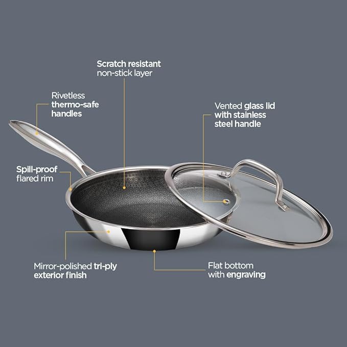 Arttdinox Stellar Stainless Steel Triply Frypan With Lid | Frying Pan Non Stick | Induction & Gas Base | 22cm | 1.5l | Silver