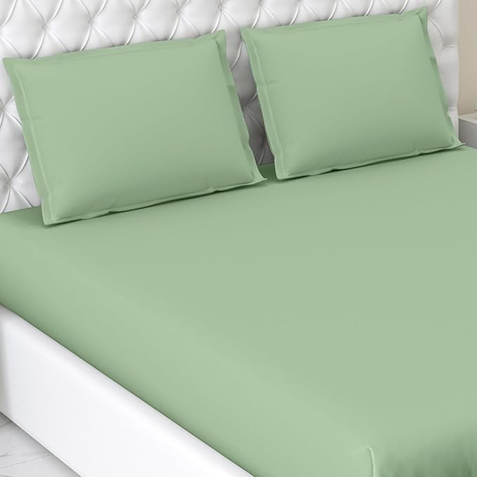 Haus & kinder Cotton Elastic Solid Fitted Bedsheet King Size 2 Pillow Covers colour Olive