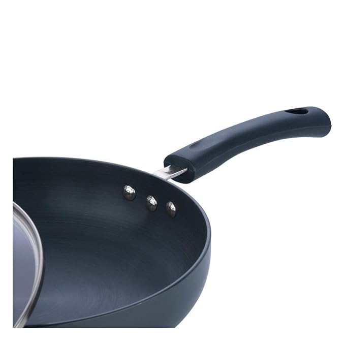 Vinod Black Pearl Plus Hard Anodised Deep Frypan with Glass Lid - 24 cm, 3.25 mm Thickness/Riveted Handle