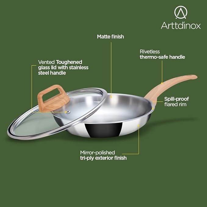 Arttdinox Timber Frying Pan Stainless Steel | Wood Finished Handle | Pan With Lid | Gas & Induction Base | 24cm | 1.8ltr | Silver