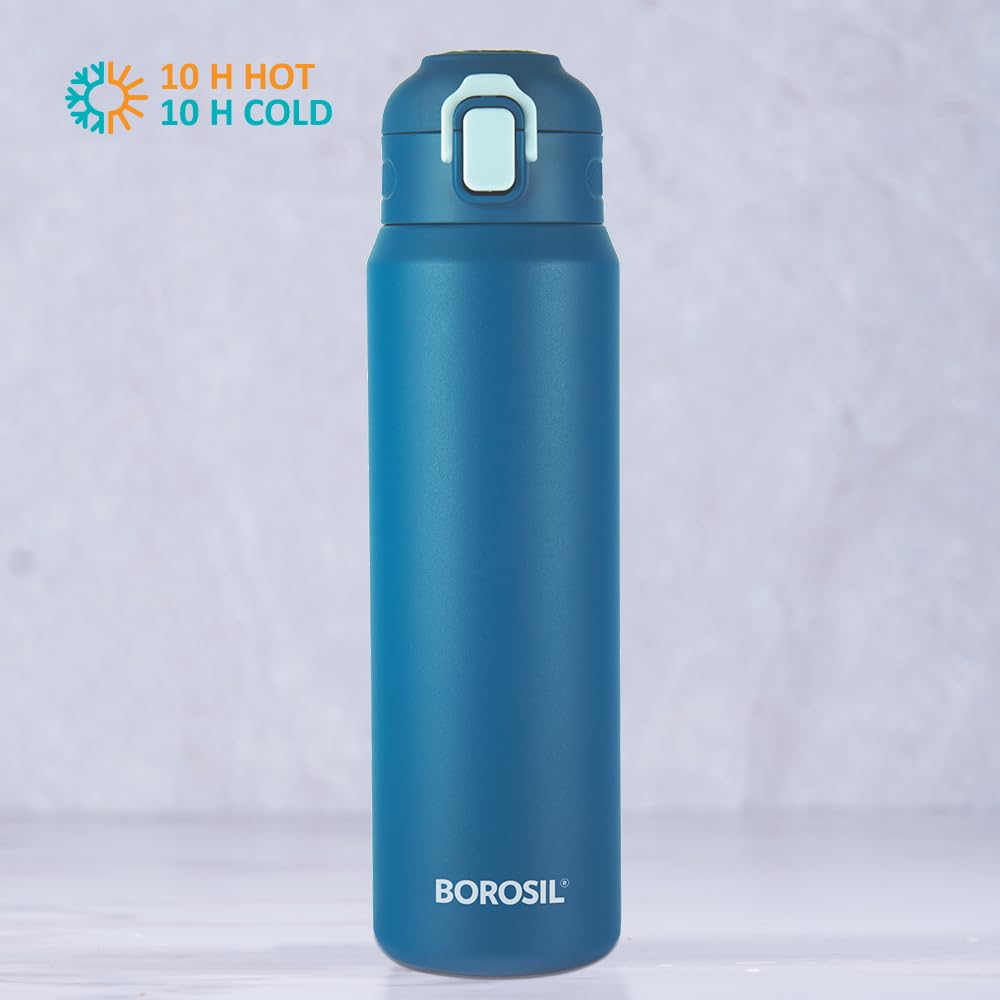 Borosil Aquasport 800 Ml Stainless Steel Insulated Water Bottle | Double Wall Vaccum Insulated, Flask | 10 Hours Hot & Cold | Blue