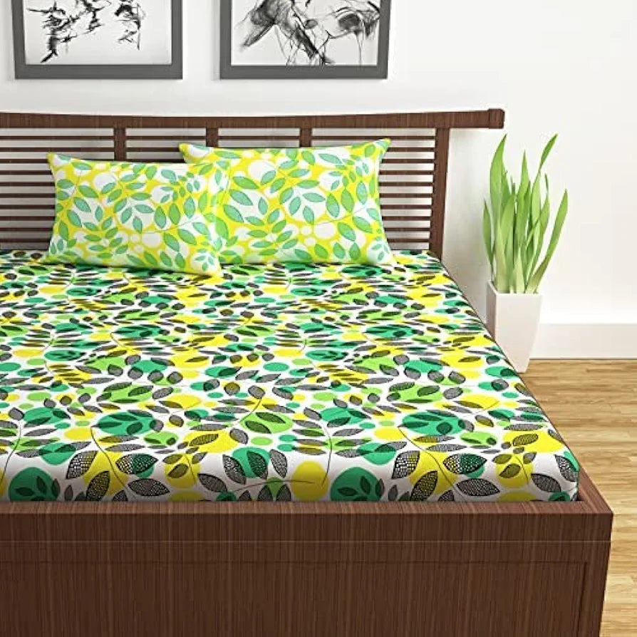 Divine Casa 144 TC Super Soft Cotton Bedsheet for Double Bed  144 Thread Count Floral Colour Green & Yellow