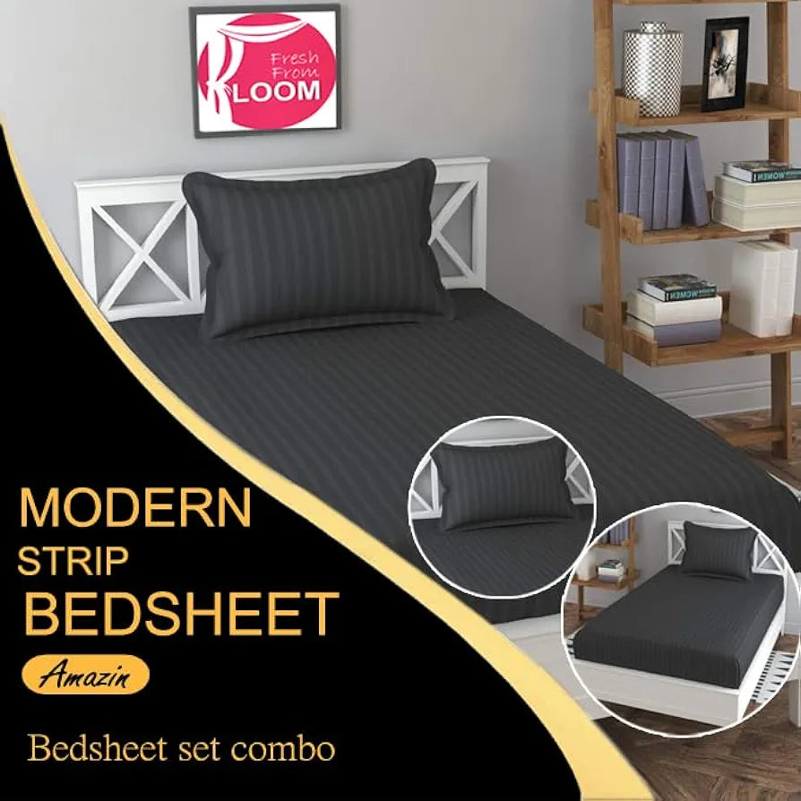 Fresh From Loom Soft Skin Safe Breathable Single Size Flat Bedsheets Hotel & Home Plain Bedsheet Set with 1 Pillow Covers 144 TC Grey