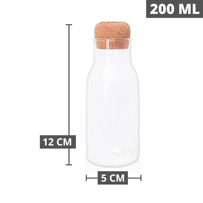 Femora Borosilicate Glass Bottle Container With Cork | Capacity 200 Ml | Transparent  | Set of 2
