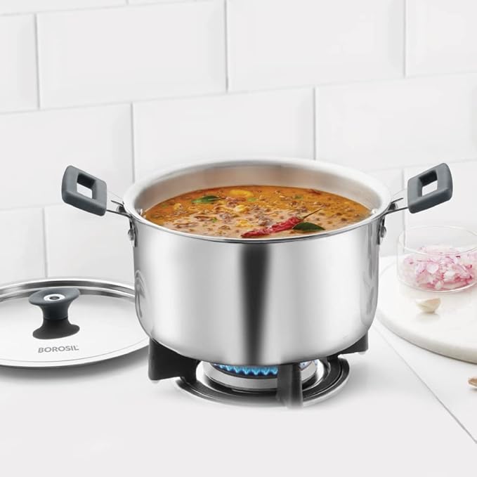 Borosil Cookfresh Tri-ply Stainless Steel Cook & Serve Casserole With Lid | Induction Friendly | 2.8 Litres | 20 Cm