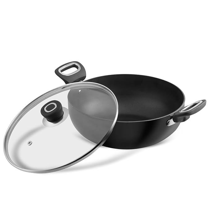 Vinod Hanos Hard Anodised Non Stick Deep Kadhai with Glass lid - 4.1 Litre, 26 cm | 3.25mm Thick | 5X Non Stick