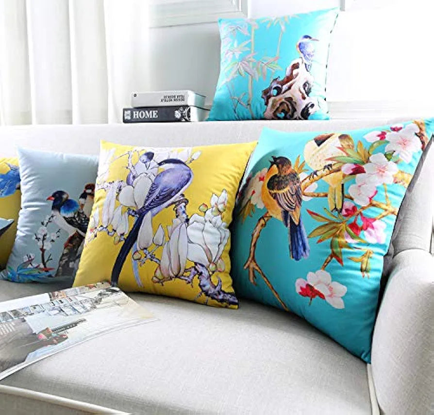 Aerohaven Set of 5 Nature-Inspired Bird Print Cushion Covers Cotton Linen Throw Pillow Covers