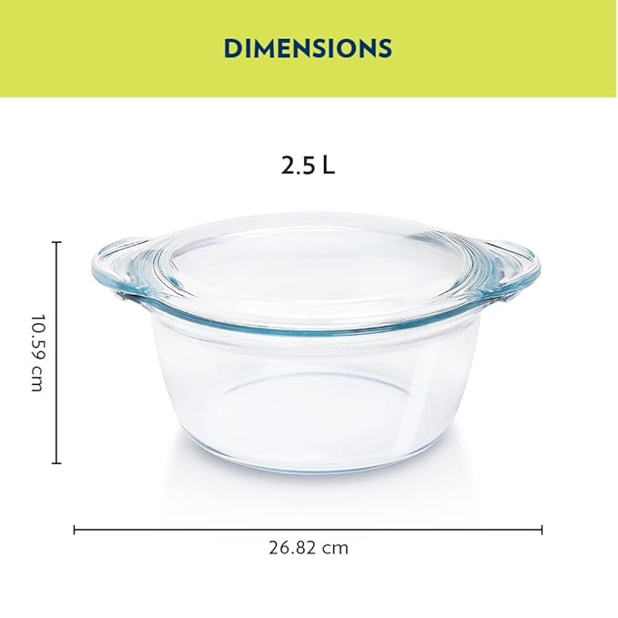 Borosil Glass Casserole Deep Round Oven and Microwave Safe Serving Bowl With Glass Lid | 2.5 Litres | 1 Piece Deep Round Casserole | Transparent