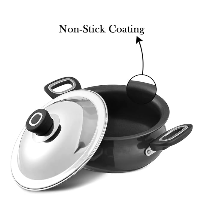 Vinod Hanos Hard Anodised Non Stick Handi with Lid - 3.8 Litre Small | 3.25mm Thick | 5X Long Lasting