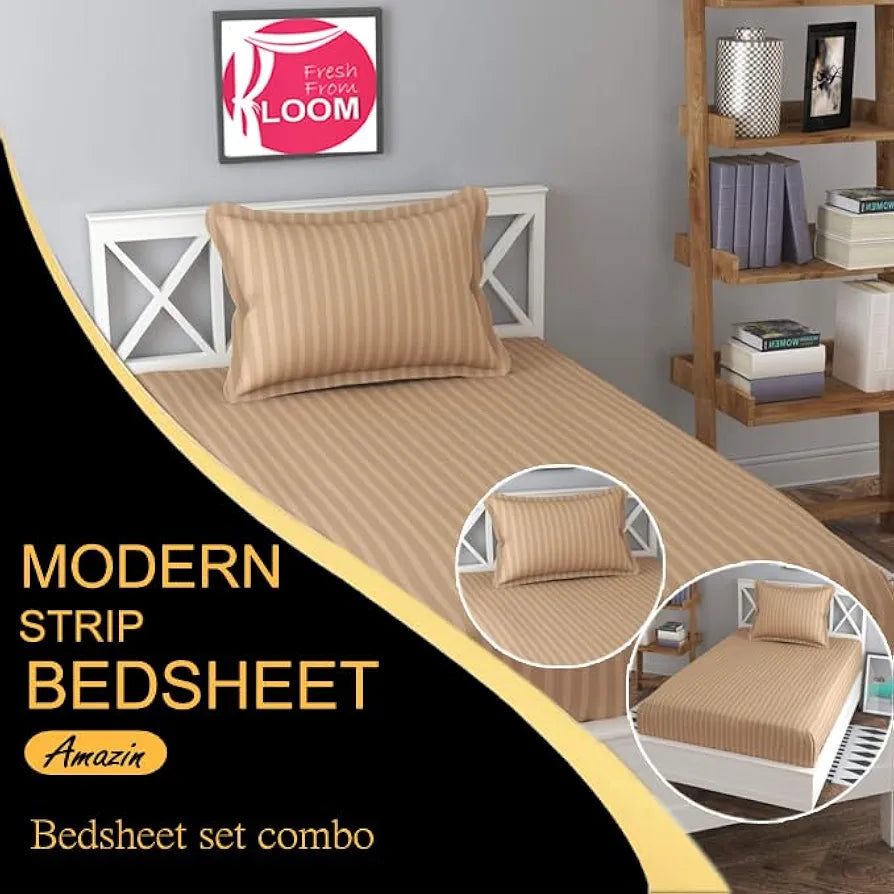 Fresh From Loom Soft Skin Safe Breathable Single Size Flat Bedsheets Plain Bedsheet Set with 1 Pillow Covers 144 TC Brown