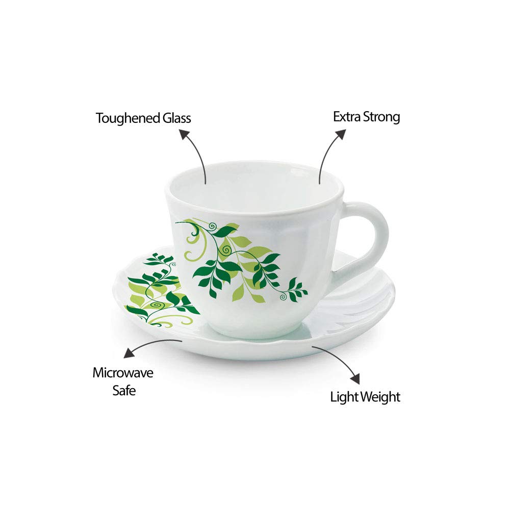 Larah by Borosil Fern Cup and Saucer Set | Set of 6 | 12-piece | 200 Ml Each | White