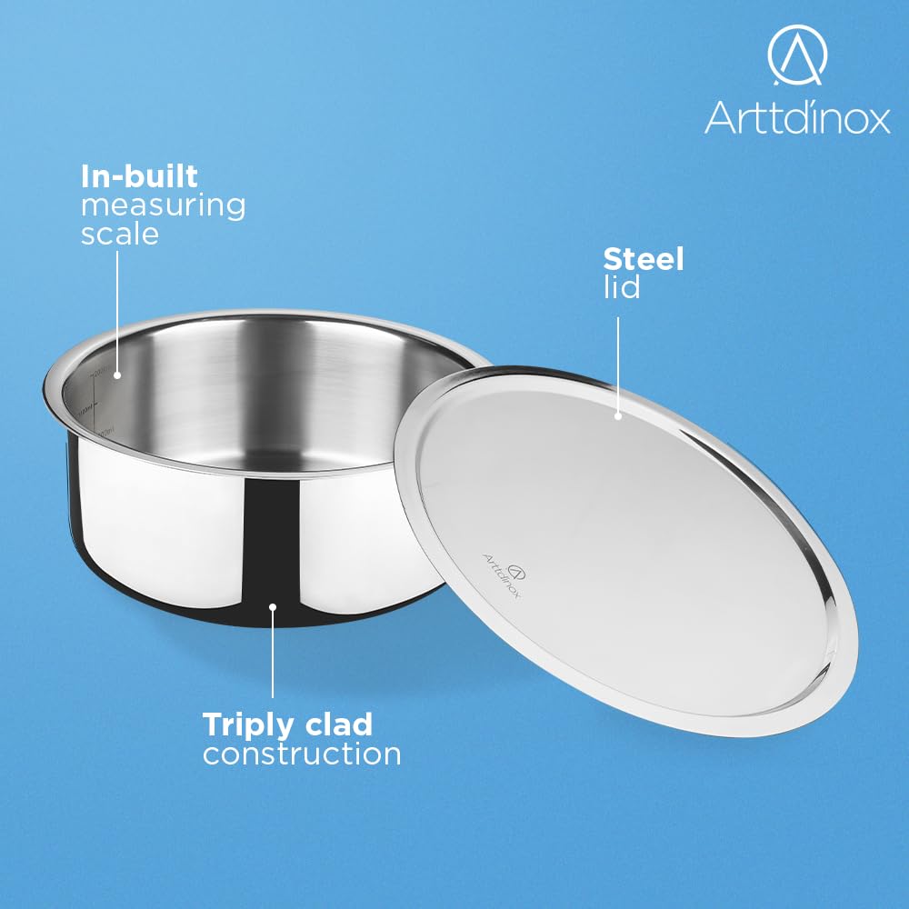 Arttdinox by Jindal Lifestyle Reflecto Triply Stainless Steel Tope With Lid | 1.6ltr | Silver | 16cm