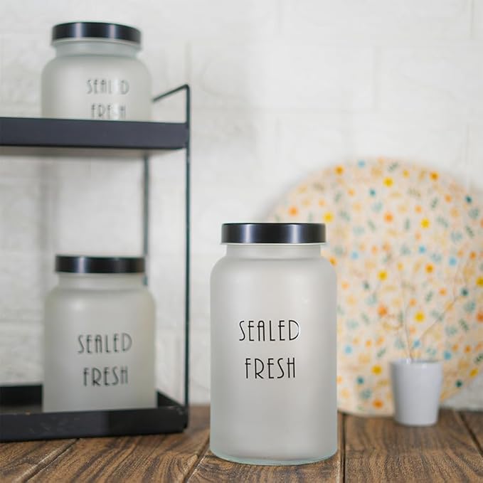 Femora Kitchen Storage Jars Frosted Glass Jar With Steel Lid Air Tight Jar | 1500 Ml | Pack of 2 | Black Lid