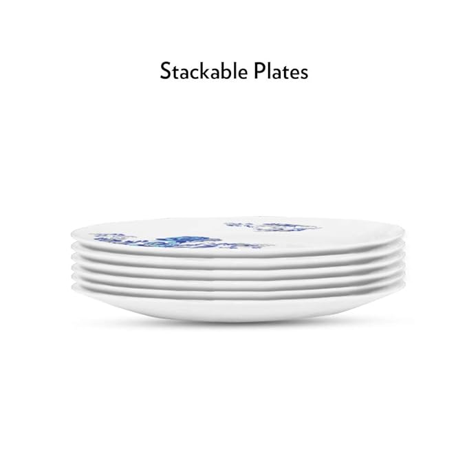 Larah by Borosil Opalware Blue Cascade Full Plate | White | 11 Inch | Set of 6