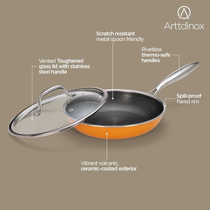 Arttdinox Vida Stainless Steel Triply Frypan With Lid | 24 Cm | 1.8 Ltr | Rivetless Handle | Gas & Induction Base
