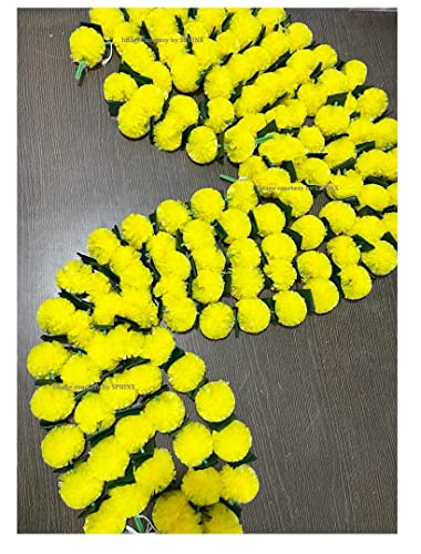 Artificial Marigold Fluffy Flowers Garlands Pack of 5 Yellow with Green Leaves 5 ft