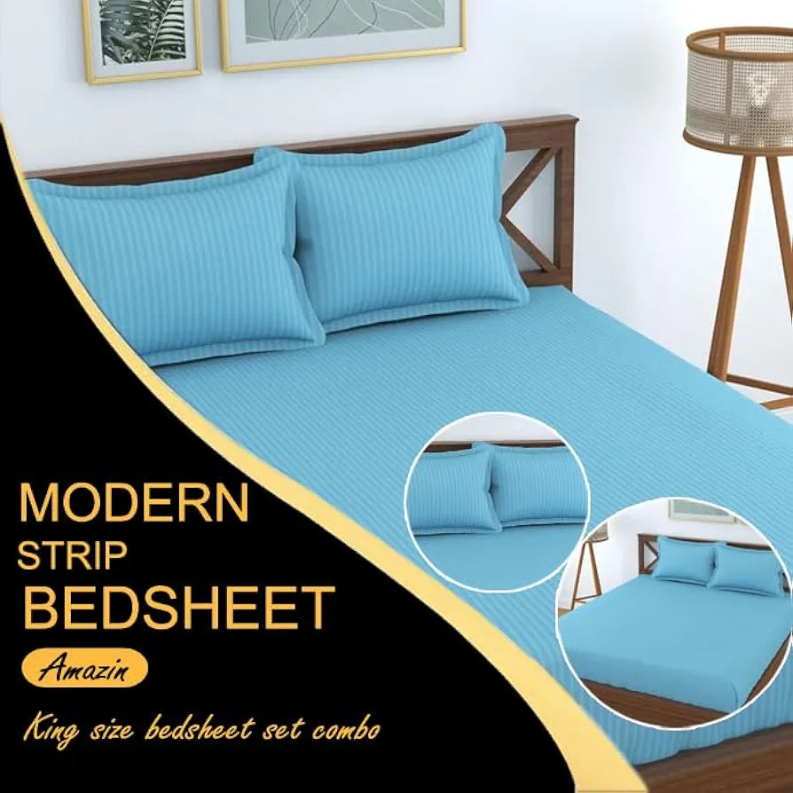 Fresh From Loom Soft Skin Safe Breathable Queen Size Flat Striped Bedsheets Hotel & Home Double Bedsheet Set with 2 Pillow Covers 144 TC Aqua