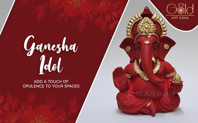 Gold Art India Mukut Ganesha Idol for Car Dashboard Maroon Red and Gold Small Ganesha Murti