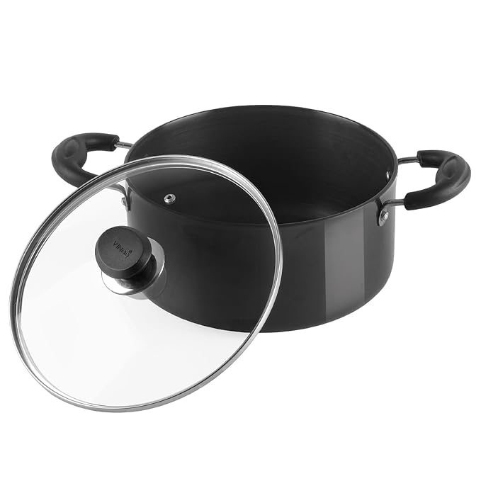 Vinod Black Pearl Hard Anodised Saucepot with Glass Lid 5 Litre, 24cm | 3.25mm Thick | Metal Spoon Friendly | Riveted Sturdy Handles