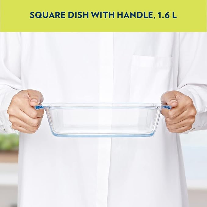 Borosil Glass Baking Dish | 1.6 Litres | Transparent | 1 Piece Square Dish With Handle