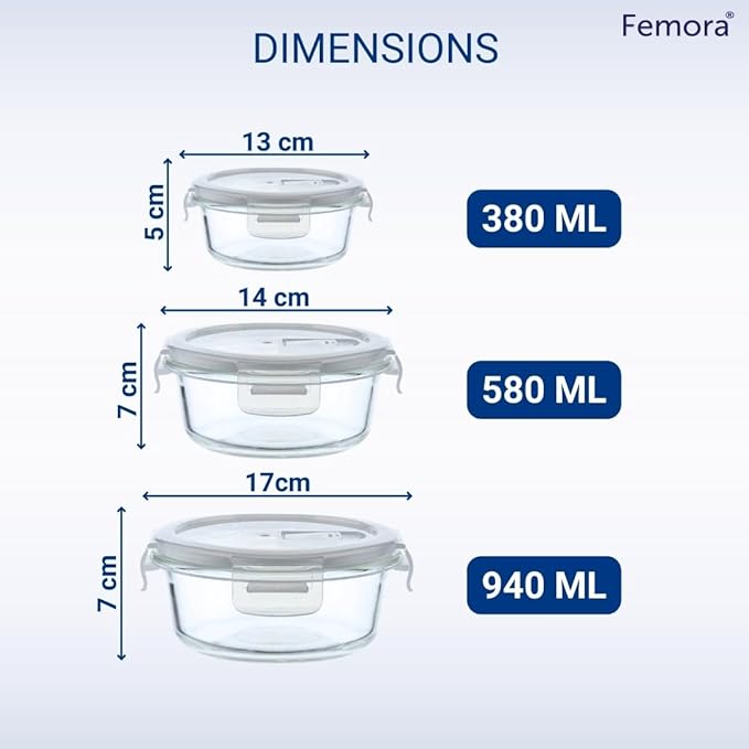 Femora Borosilicate Glass Containers for Kitchen | Storage Box for Kitchen With Air Vent Lid | Set of 3 | 380 Ml, 580 Ml, 940 Ml