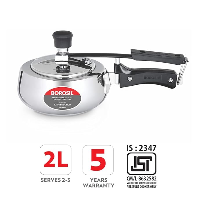 Borosil Pronto Induction Base Inner Lid Stainless Steel Pressure Cooker | 6.8 Mm Thick Base | 2 Litres