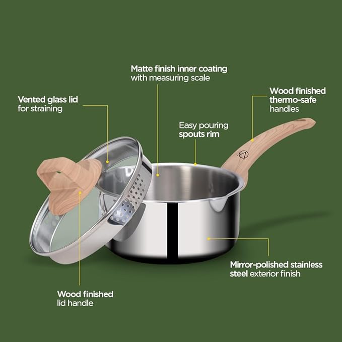 Arttdinox Timber Stainless Steel Triply Saucepan With Glass Lid | Milk Pot | Tea Pan | Gas and Induction Compatible | 16cm | 1.5ltr | Silver