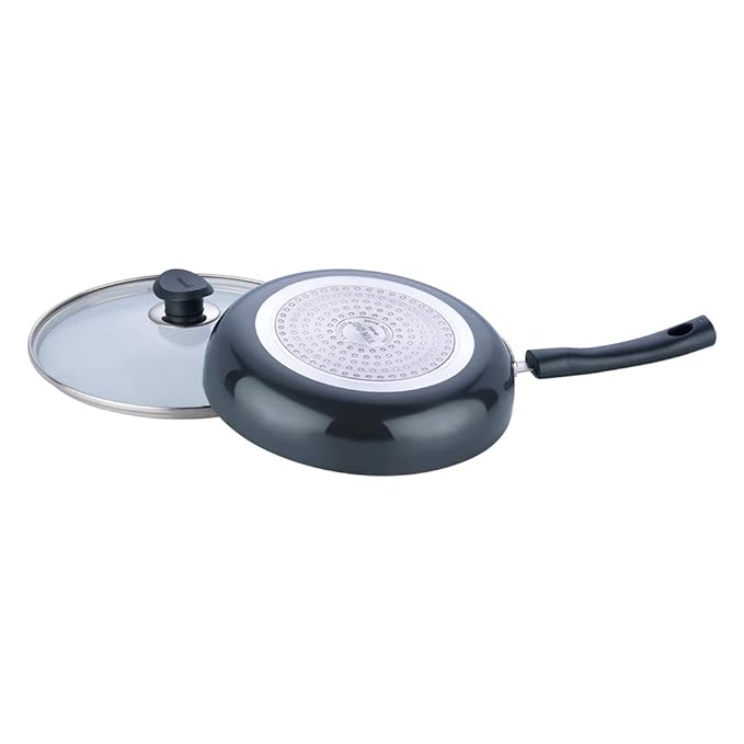 Vinod Black Pearl Plus Hard Anodised Deep Frypan with Glass Lid - 24 cm, 3.25 mm Thickness/Riveted Handle