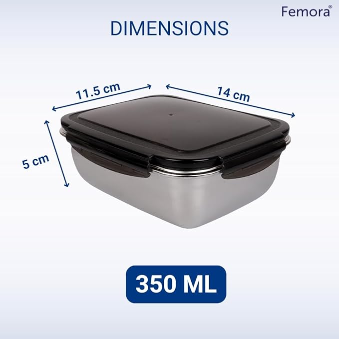 Femora High Steel Rectangle Heavy Duty Airtight Leakproof Unbreakable Lunch Box | Storage Container With Lock Lid | 350 Ml