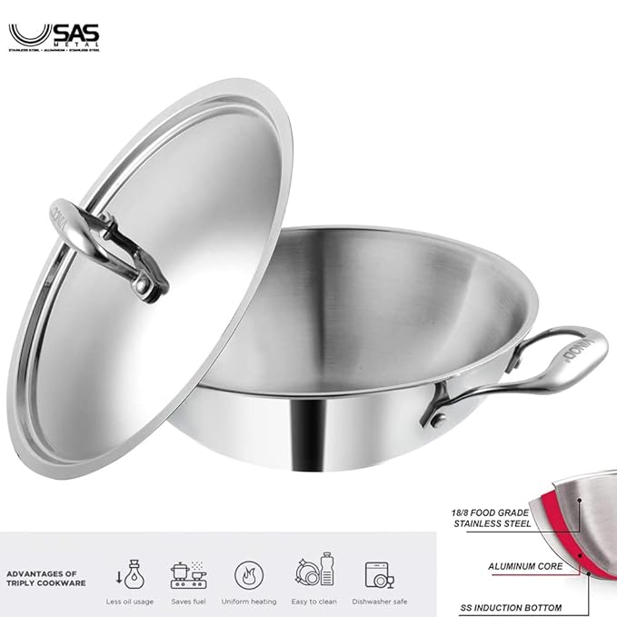 Vinod Platinum Triply Stainless Steel Kadai with lid 4.5 litre (30 cm Dia)