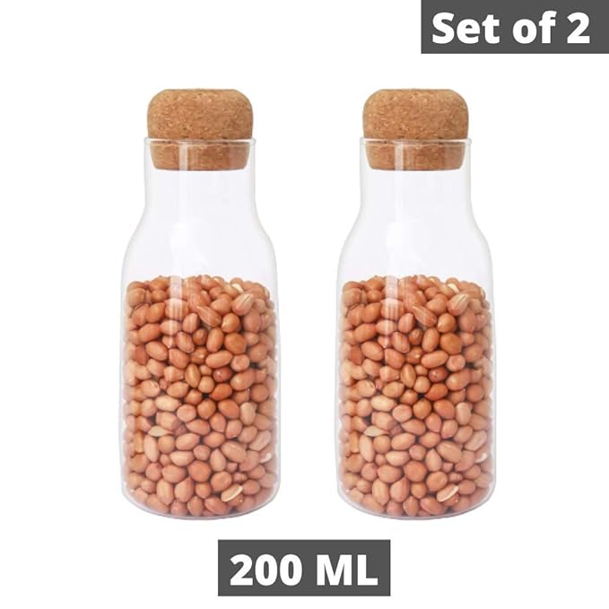 Femora Borosilicate Glass Bottle Container With Cork | Capacity 200 Ml | Transparent  | Set of 2