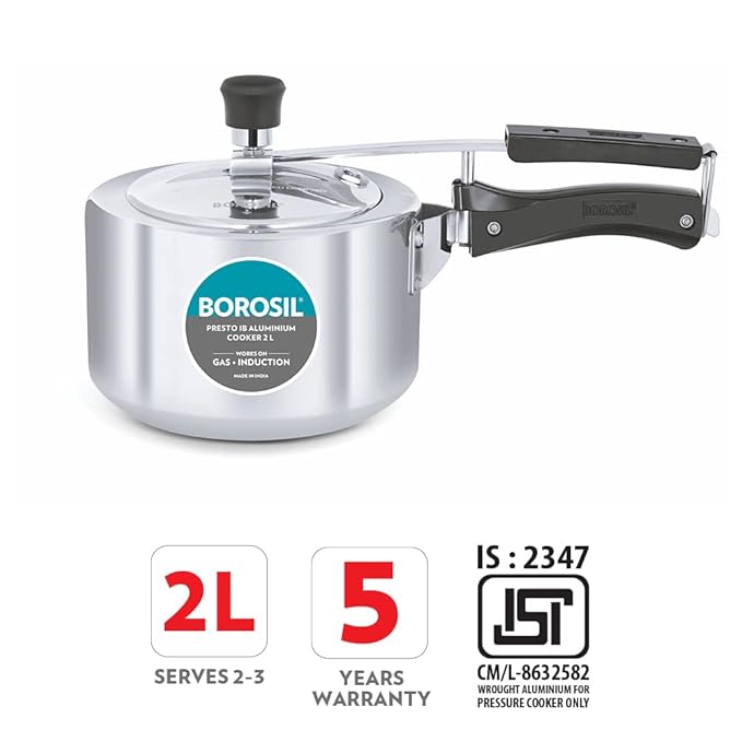 Borosil Presto Induction Base Inner Lid Aluminium Pressure Cooker, Silver | 2 Litres