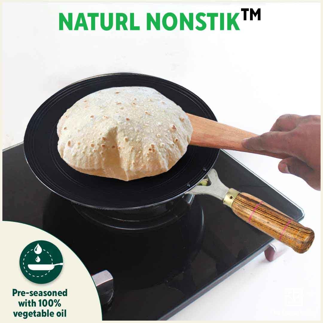 The Indus Valley Pre-Seasoned Iron Tawa for Dosa/Chapathi with Wooden Handle