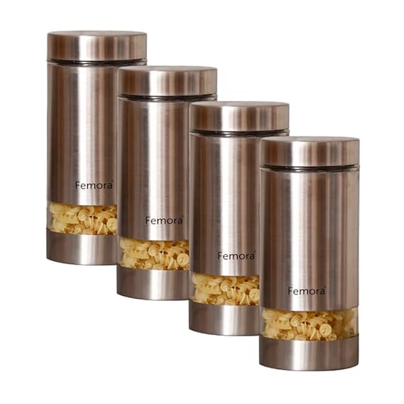 Femora Kitchen Storage Jars Steel Body With See Through Window Jar | 1300 Ml | Pack of 4