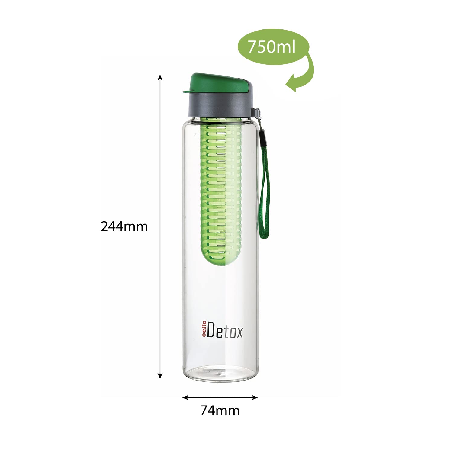 Cello Detox Fruit & Tea Infuser Glass Water Bottle| Wide Cap Sealed With Flip Top | 720 Ml
