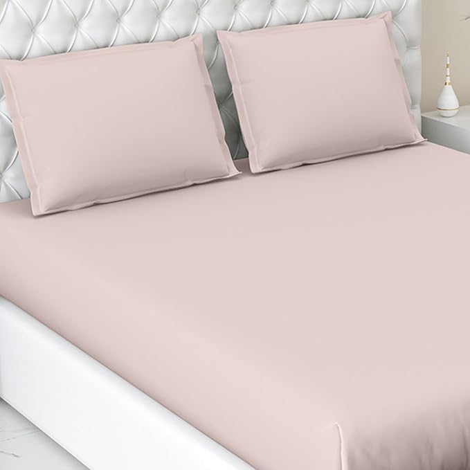 Haus & kinder Cotton Elastic Fitted Bedsheet King Size 2 Pillow Covers (78 X 72 Inches + 13 Deep Pocket) Cameorose, 300 tc