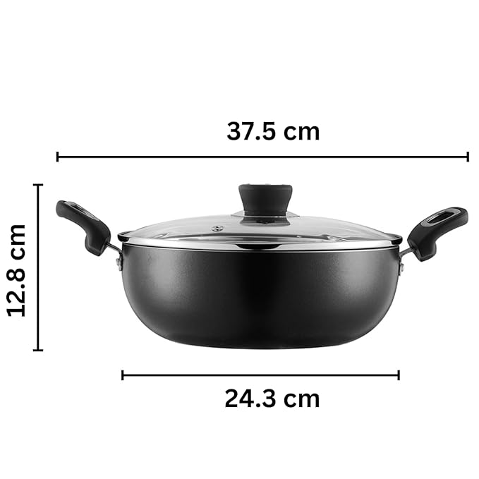 Vinod Zest Marbilo Aluminium Non Stick Deep Kadai with Glass Lid - 2.5 Litre, 24 cm | 5 Layer Coating | Soft Handle