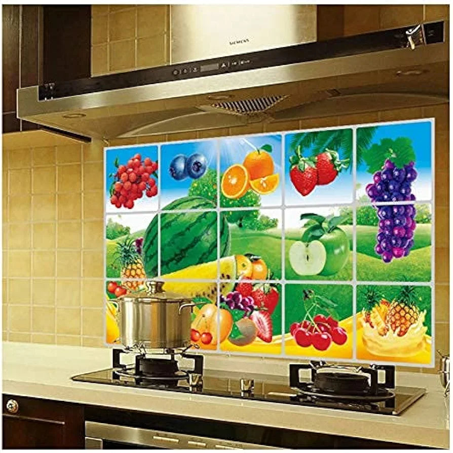 Jaamso Royals Multi Fruits and Vegetable Oil Proof Vinyl Aluminium Foil Kitchen Tile Wall Sticker Fruit vegetable