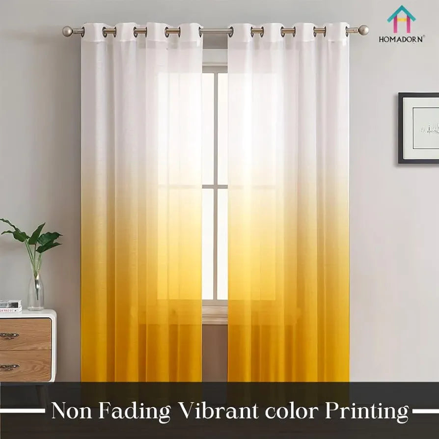 Homadorn Ombre Printed Linen Textured Sheer Curtains White + Yellow