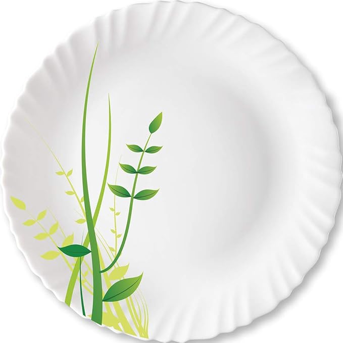 Larah by Borosil Green Herbs, Opalware Full Plate | 11 Inch |white | Set of 6