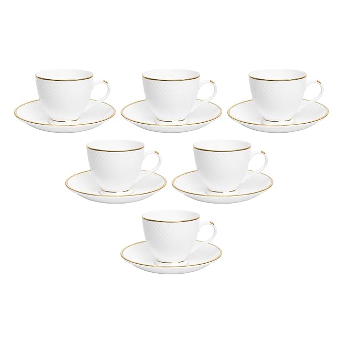 Femora Ceramic Gold Line Diamond Cut White Cup Set - 1450 gms (Pack of 6)