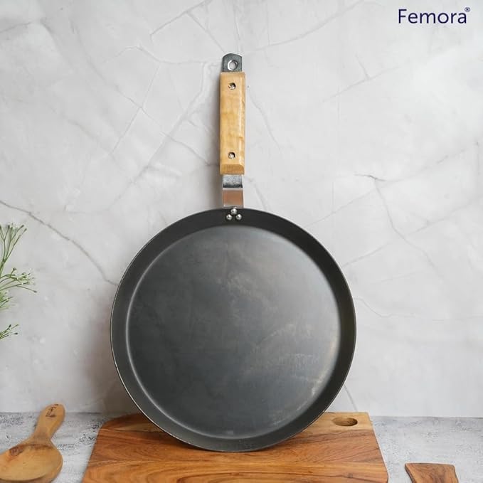 Femora 12 Inchs Iron Flat Tawa With Wooden Handle | Tawa for Roti