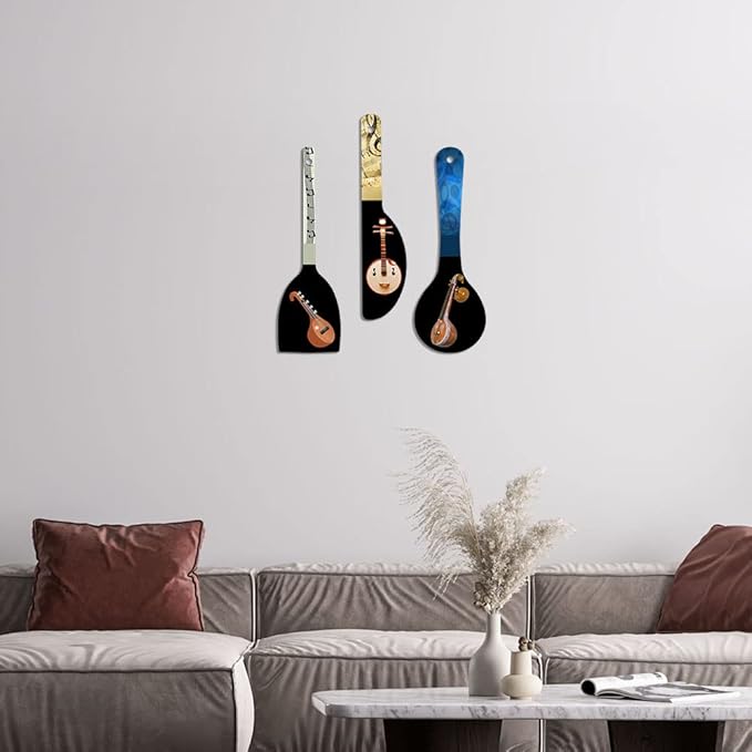 Artvibes Sitar Music Instrument Wooden Wall Hanger for Home | Artworks | Set of 3