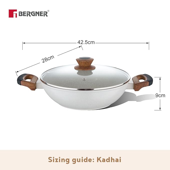 Bergner Naturally Forged Nonstick 28 Cm Kadai With Glass Lid | 3.3 L Capacity