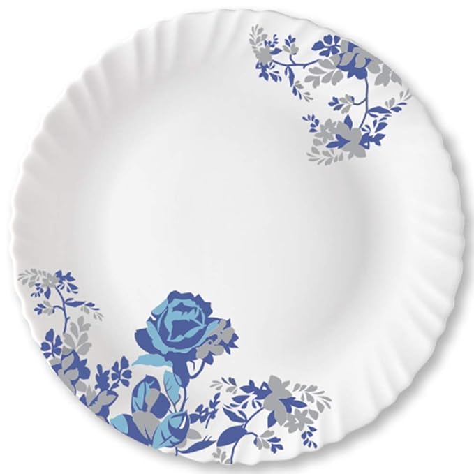 Larah by Borosil Opalware Blue Cascade Full Plate | White | 11 Inch | Set of 6