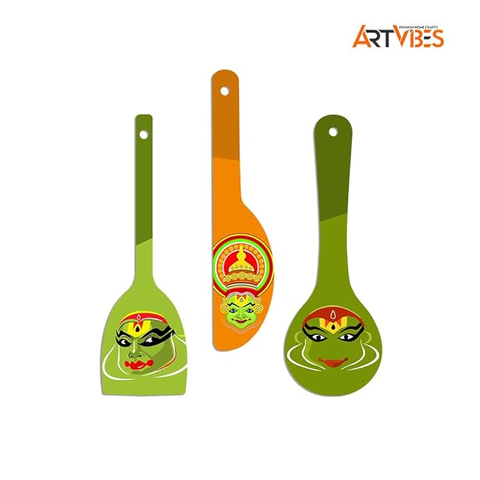 Artvibes Kathakali Wooden Wall Hanger for Home | Set of 3
