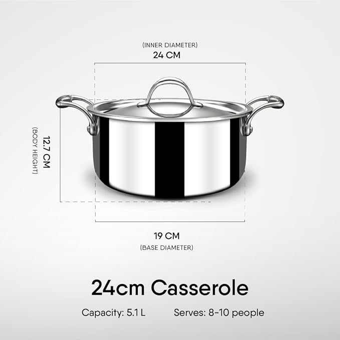 Stahl Artisan Triply Stainless Steel Sauce Pot/ Casserole With Lid | Induction Pot | Briyani Pot/ Handi | 5.1 Litres | 24 Cm