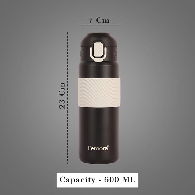 Femora HydroPro Double Walled Stainless Steel Thermosteel Charcoal Black Water Bottle - 400 gms